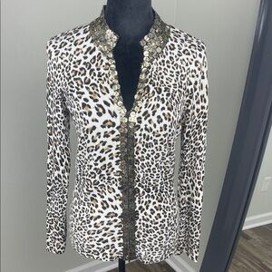 Alberto Makali Leopard Print Zip-Up Sweater Top Sequin Trim Size S